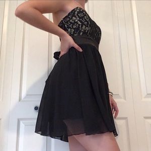 strapless black lace and flowy dress with tie sash